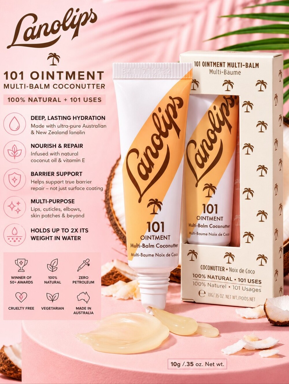 Lanolips 101 Ointment Multi-Balm Coconutter – 10 g / 0.35 oz
